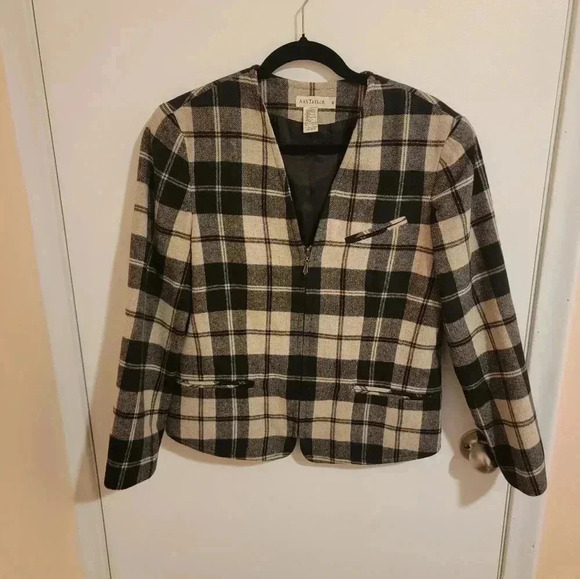 Ann Taylor Blazer Plaid Womens Medium Wool Blend Jacket Black Beige Academia y2k - Picture 1 of 7